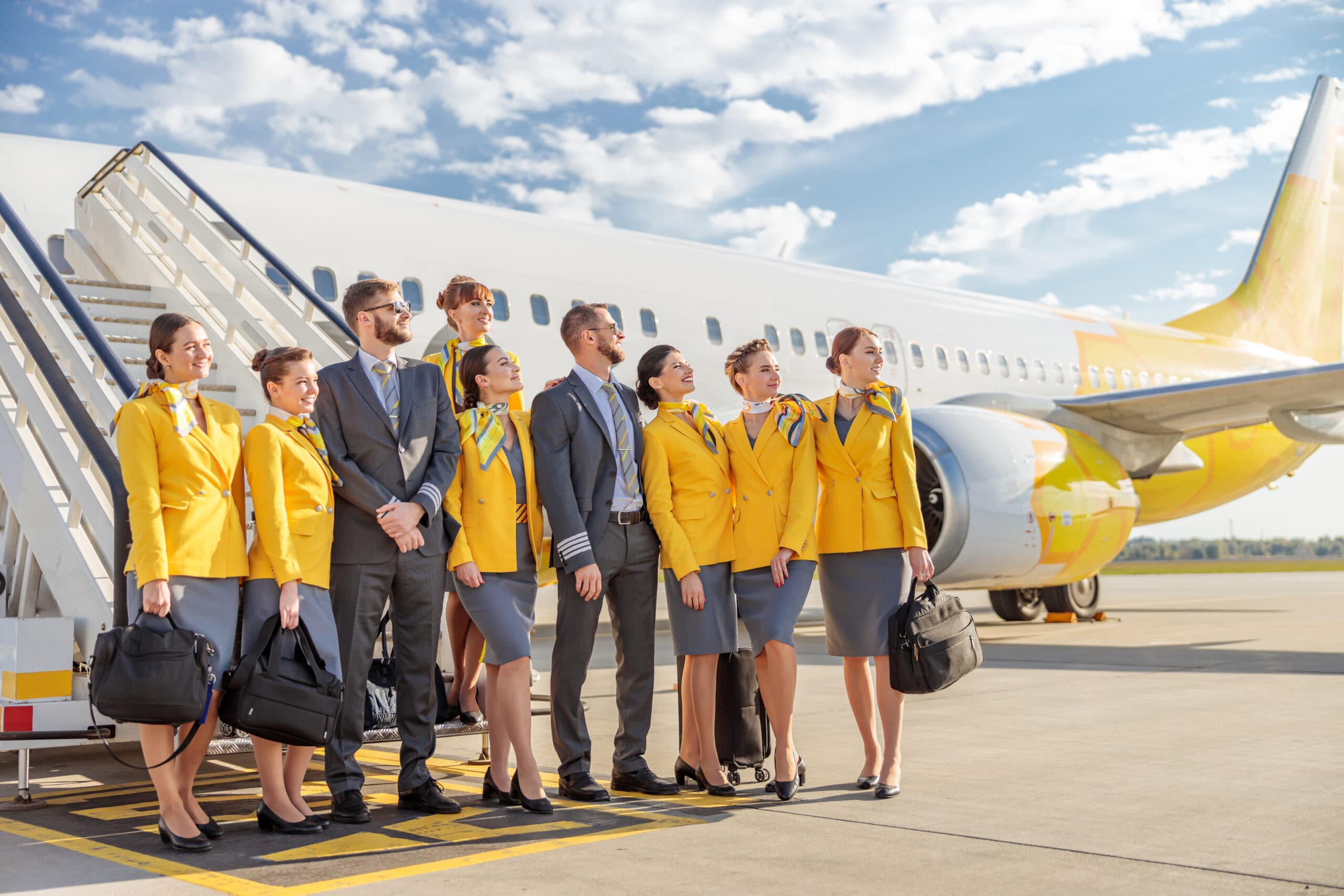 Airline professionals standing together near an aircraft.
